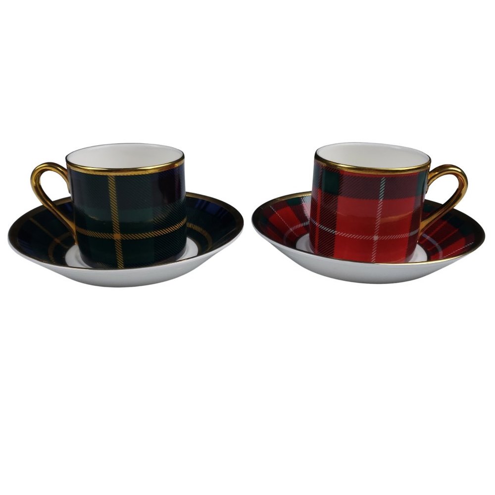 Fox Tartan Plaid Green Red Demitasse Cup Saucer Sets English Bone China Fraser